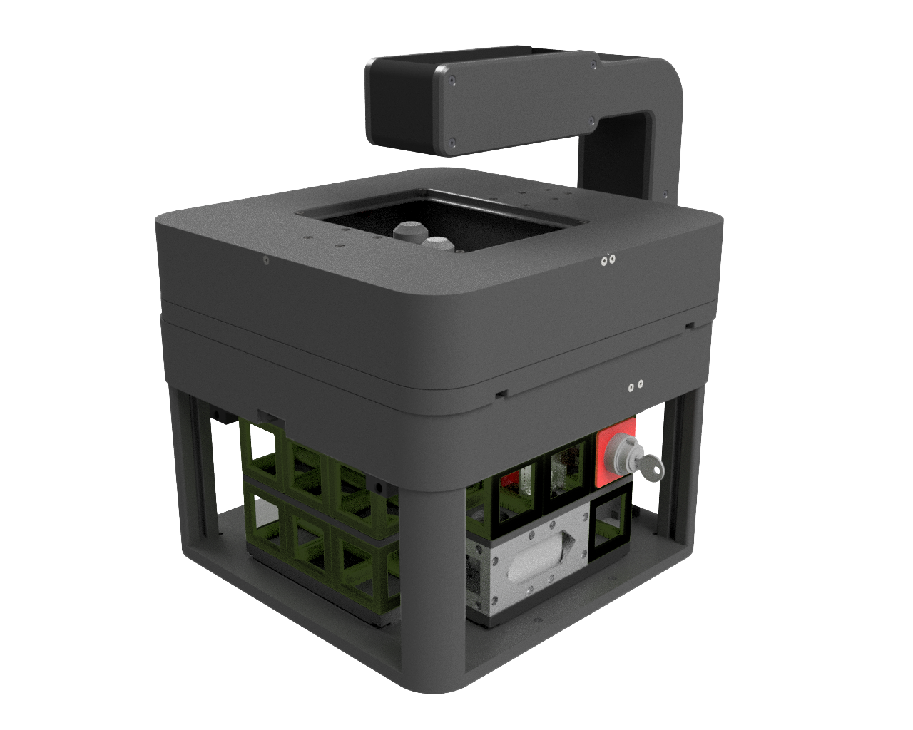 FRAME microscope, front-quarter view showing the stage, optical column, and modular cube bays