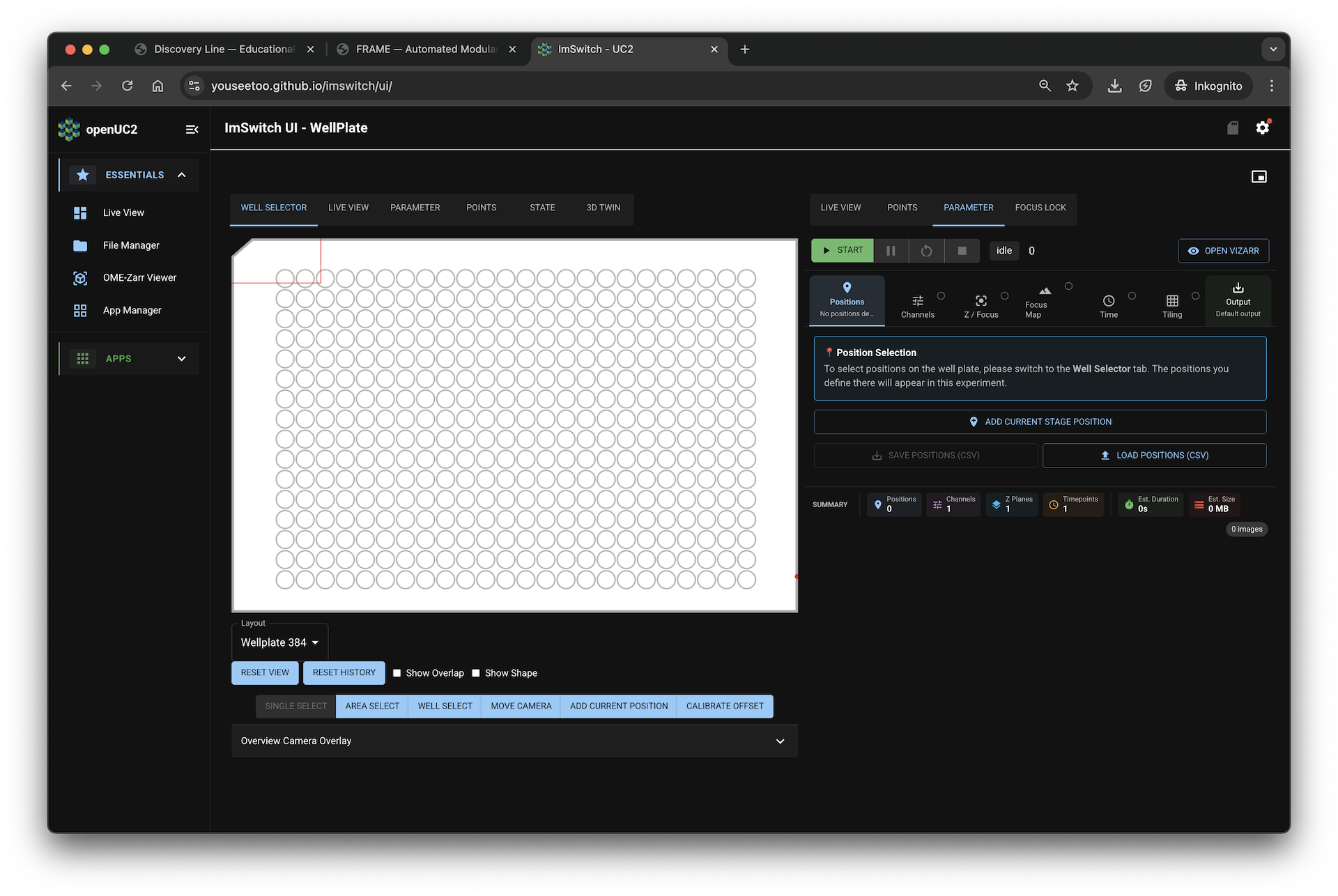 Screenshot of ImSwitch GUI showing live view and acquisition controls