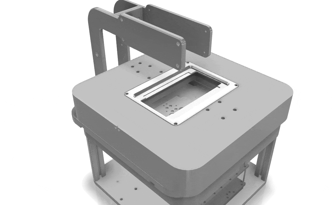Exploded view of FRAME showing the optical column with modular cubes and the motorized stage